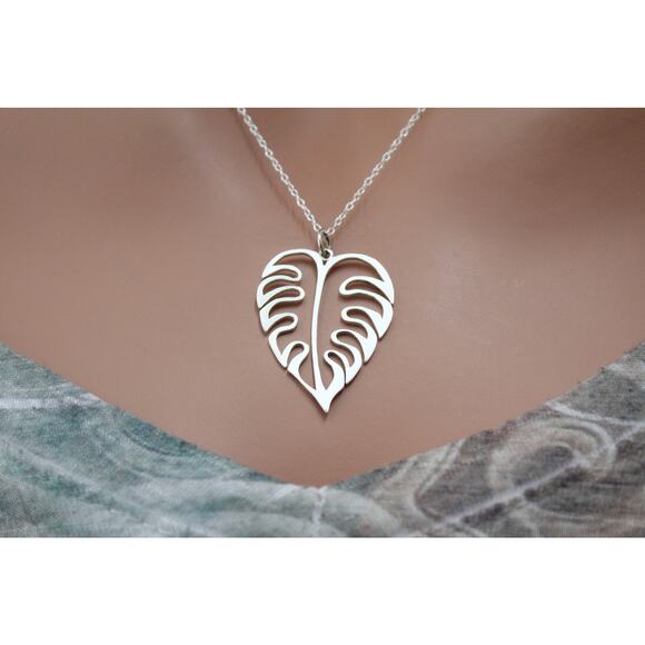 Sterling Silver Openwork Monstera Pendant Necklace - Picture 2 of 3
